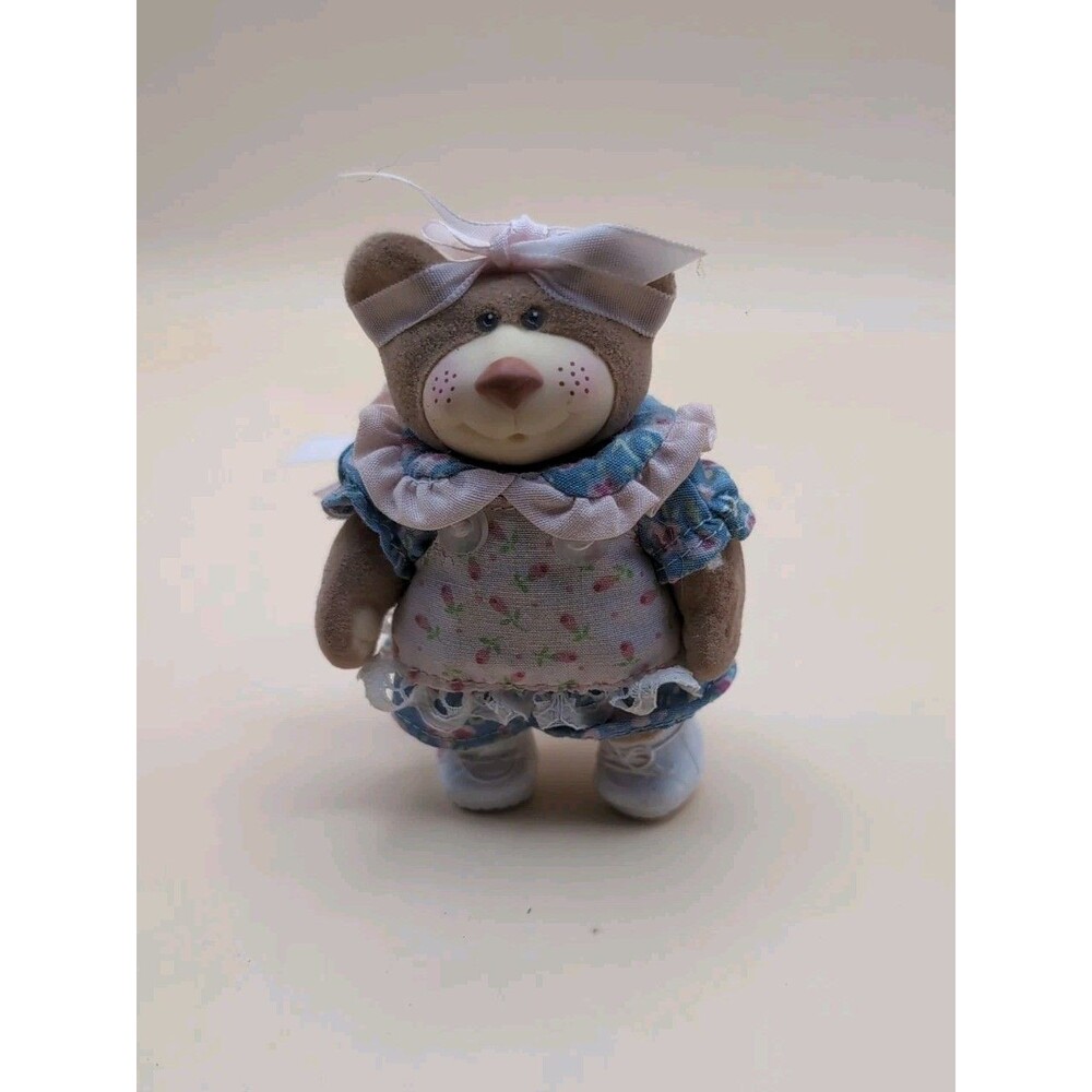 Vintage 1986 Furskins Persimmons Bear 3.5" Panosh Place Cute Blue Pink Dress